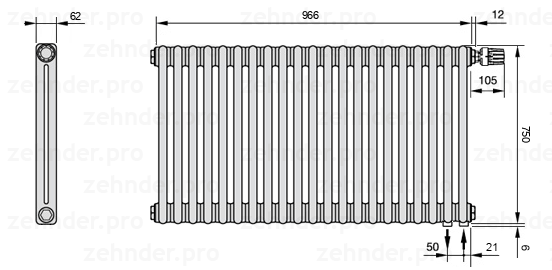 Схема (чертеж) Радиатор Zehnder Charleston 2075/21 №V002 Белый глянцевый RAL 9016